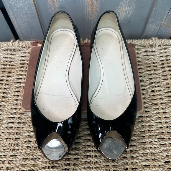CHANEL Patent Leather Peep Toe Ballet Flats Black Sz IT 36 1/2, US 6 1/2 - Picture 2 of 16